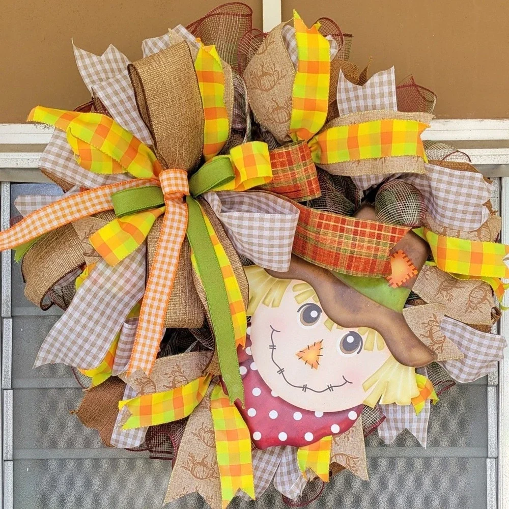Fall Scarecrow Wreath Autumn Front Door Decor Burlap Gingham  Thanksgiving